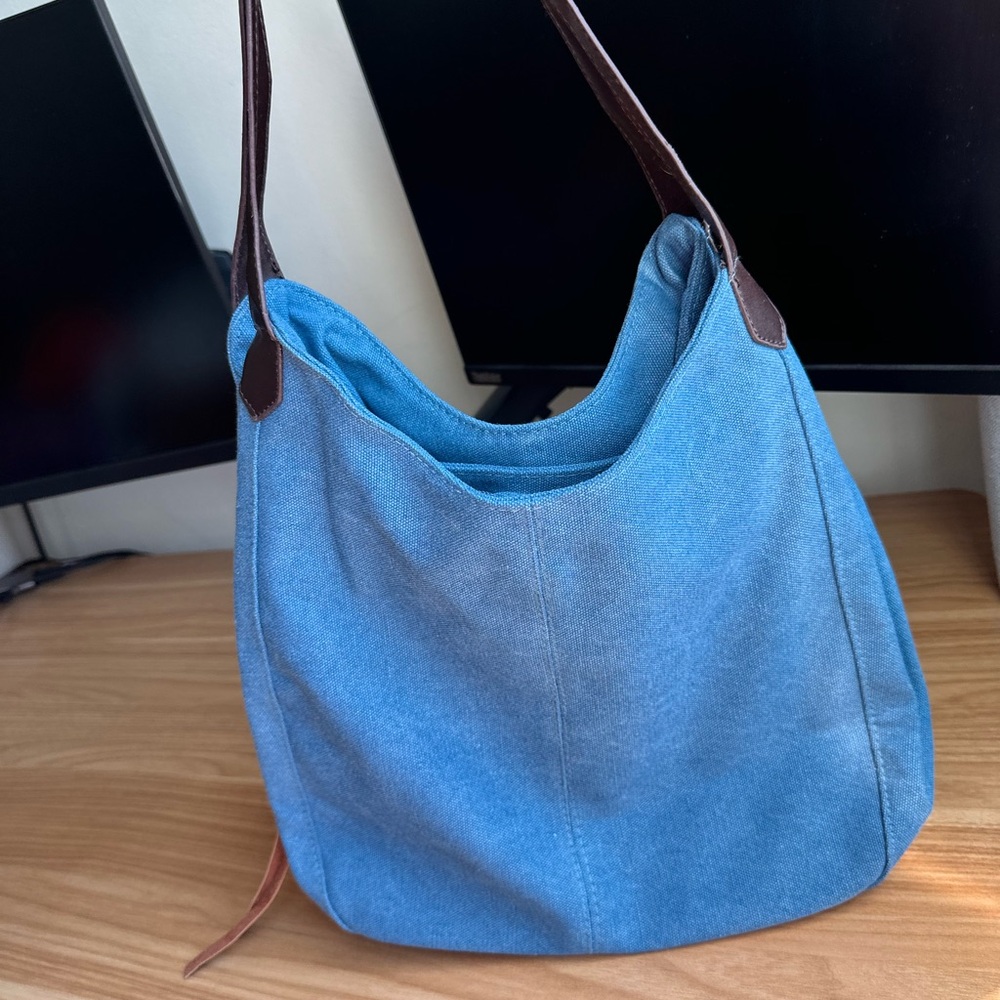 Blue Canvas Shoulder Bag with Brown Trim - Picture 3 of 10